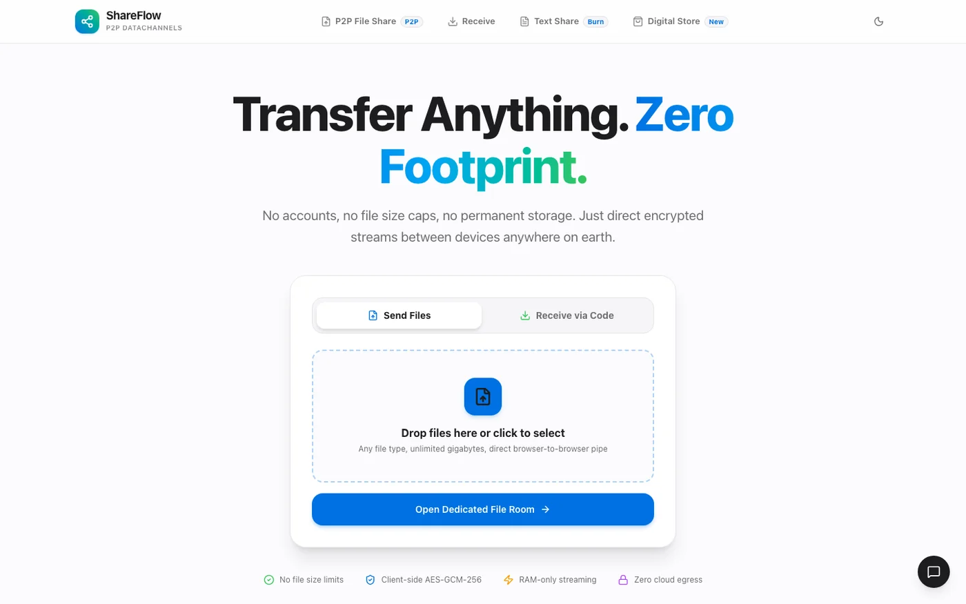 ShareFlow homepage with a large file-transfer panel and a light blue interface.
